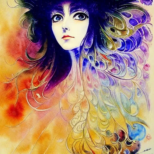 Prompt: vintage 7 0 s anime watercolor by karol bak, a portrait of a lady with colorful face - paint enshrouded in an impressionist watercolor, representation of mystic crystalline rift fractals in the background by william holman hunt, art by cicley mary barker, thick impressionist watercolor brush strokes, portrait painting by daniel garber, minimalist simple pen and watercolor