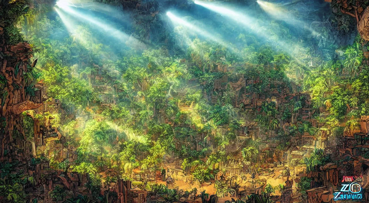 Prompt: zouk fabric jungle dirt wall fortress a spectacular view cinematic rays of sunlight comic book illustration, by john kirby