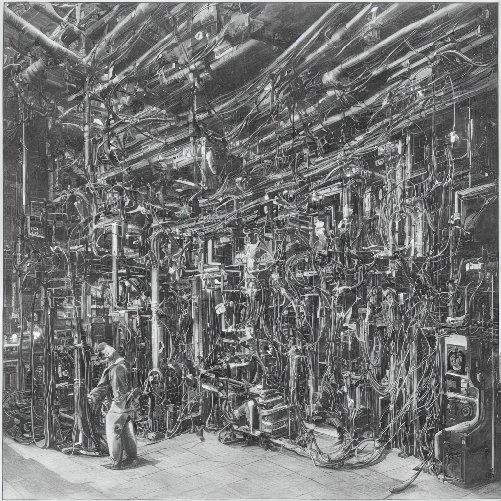 Image similar to An engraving of Max Ersnt in a datacenter, cables, pipes, oil, computers, 1929