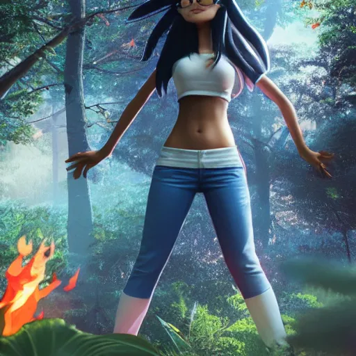 Prompt: nagatoro using white and red tight raglan sleeves, tight blue jeans and cool shoes in a tropical forest, fire hair in flames, artstation, 3 d ray tracing, octane render