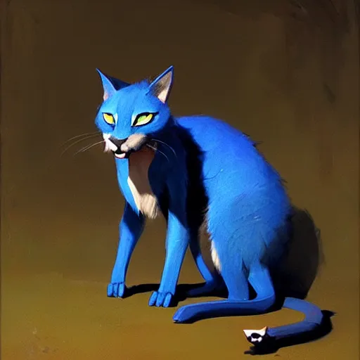 Image similar to blue cat with red sable in the mouth. painting by greg rutkowski