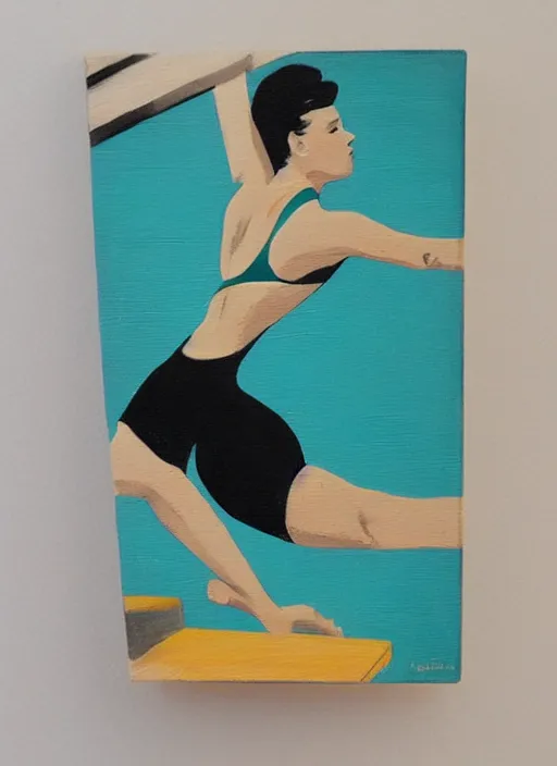 Image similar to acrylic painting on wood of a woman diving from a high diving board into a pool. mid - drive. medium distance. teal, white, black and grayscale. simple. flat. vintage, mid - century modern.