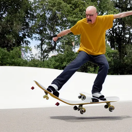 Image similar to Walter White doing skate tricks at the park