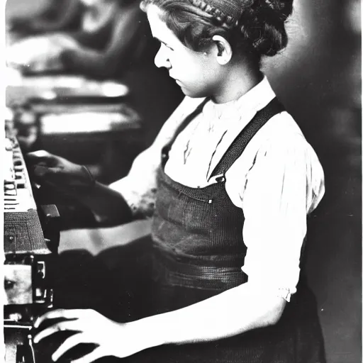 Prompt: lewis hine's cotton mill girl with computer instead of sewing machines