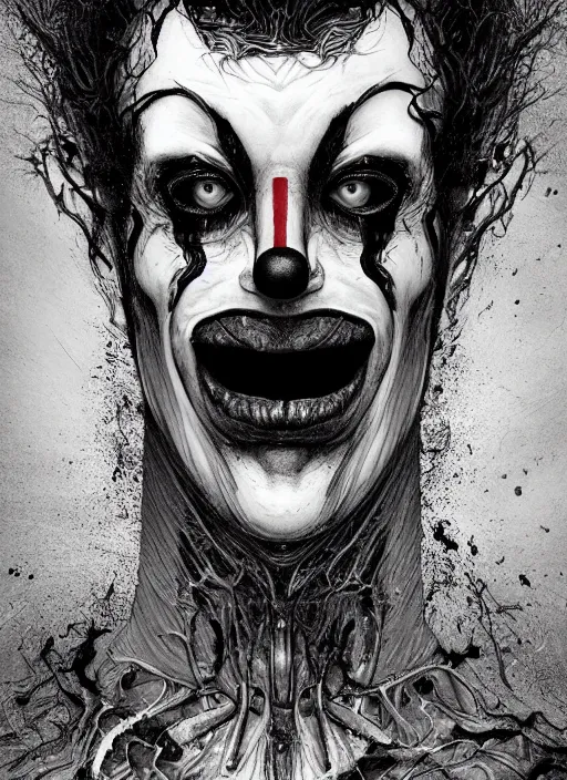 Prompt: a dream portrait of a clown demon, black & white, melting, organic biomass, webbing, 8 k, by tristan eaton, stanley artgerm, tom bagshaw, greg rutkowski, carne griffiths, ayami kojima, beksinski, giger, trending on deviantart, face enhance, hyper detailed, minimalist, horror, android