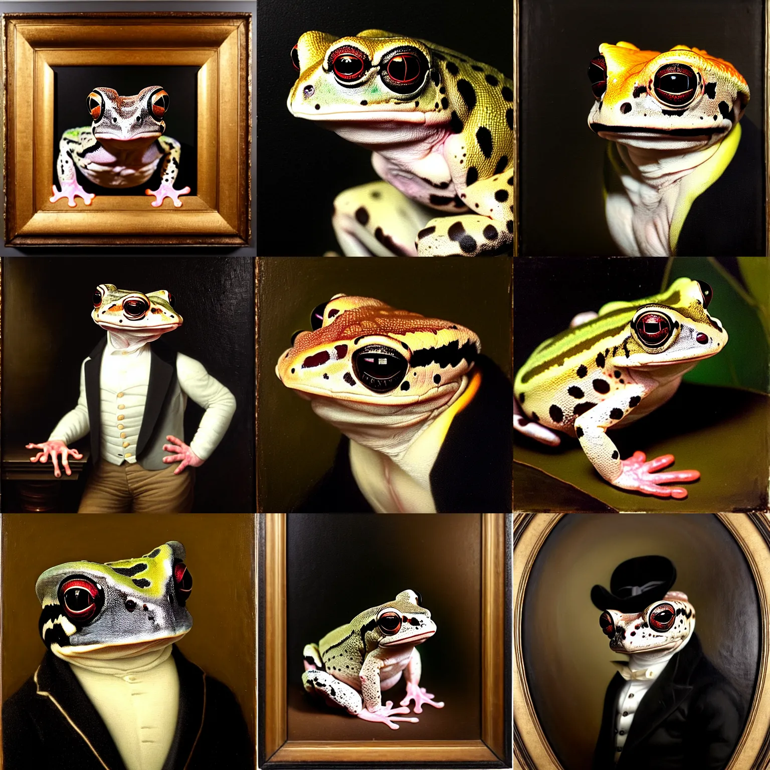 Prompt: a head - and - shoulders portrait of an amazon milk frog looking off camera wearing a black buttoned jacket and waistcoat, an american romanticism painting, a portrait painting, cgsociety, soft focus, oil on canvas