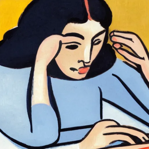 Image similar to close - up of a frustrated young woman coding on her laptop, by matisse 1 9 4 5. early morning, hot coffee