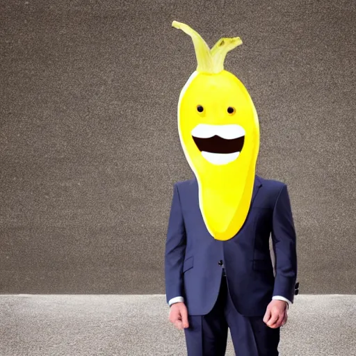 Prompt: a man wearing a suit banana head