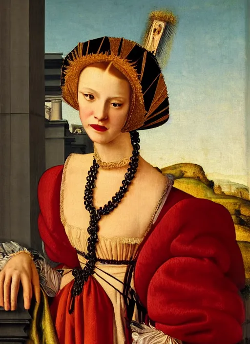 Prompt: portrait of young woman in renaissance dress and renaissance headdress, art by giovanni gastel