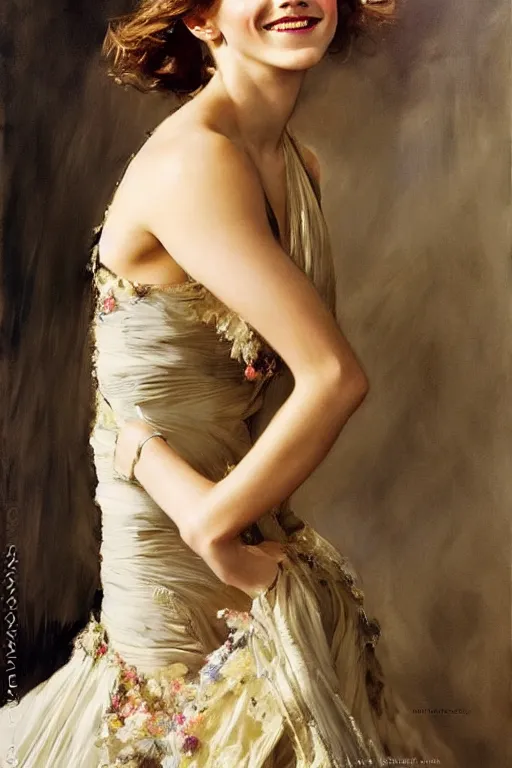 Image similar to emma watson smiling silk gown gaston bussiere craig mullins j. c. leyendecker richard avedon peter lindbergh