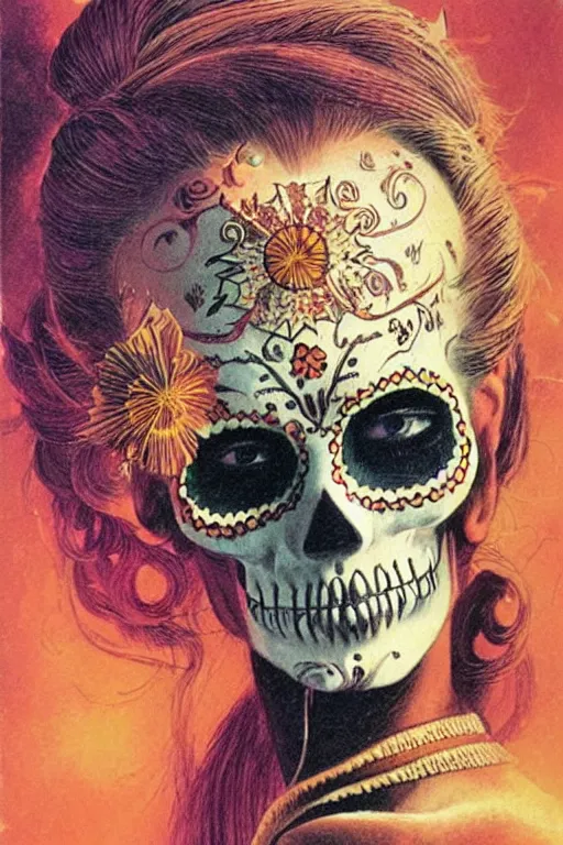 Prompt: Illustration of a sugar skull day of the dead girl, art by bruce pennington