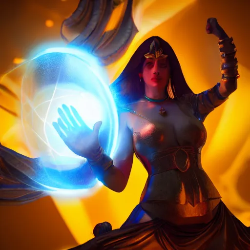 Image similar to a powerful goddess woman floating with a glowing orb of blue power in her hand, trending on artstation, colourful, powerful, dark, mysterious, unreal engine 5