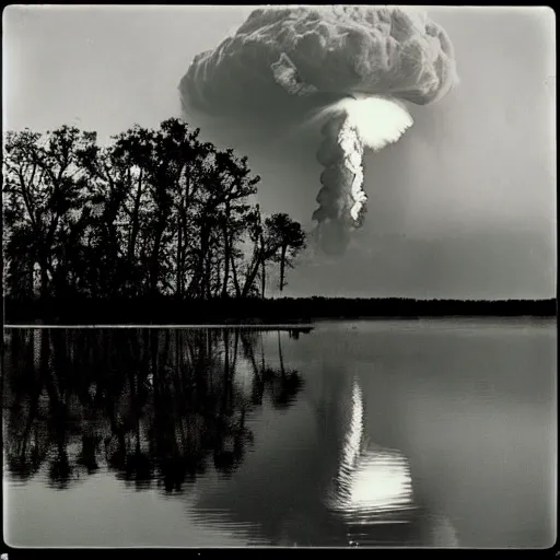 Prompt: dark photo of a nuclear explosion in the louisiana swamps, pictorialism