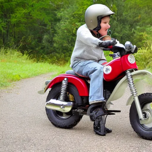 Prompt: Gray Bully dog riding a honda cub 50