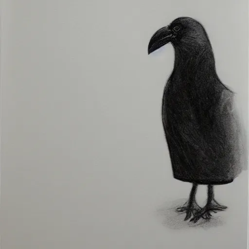 Image similar to a crow wearing a bathrobe in a hotel room, graphite drawing, 1998