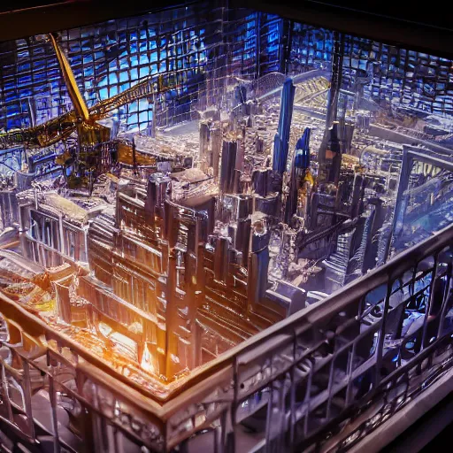 Image similar to crane shot of large group people in warehouse interior, looking at hologram of futuristic city on a table, cinematic still, godrays, golden hour, natural sunlight, 4 k, clear details, tabletop model buildings, tabletop model, ethereal hologram center, crane shot, crane shot, rule of thirds, people, people