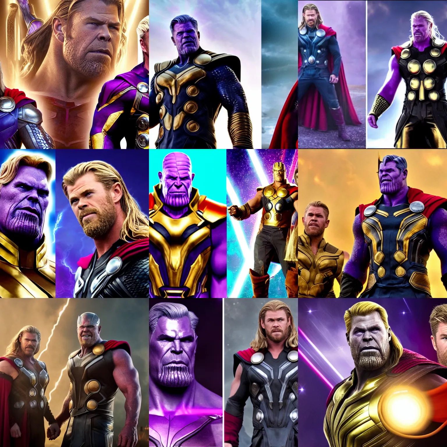 Prompt: thanos and chris hemsworth as thor are drag queens, photorealistic, cinematic, studio lighting