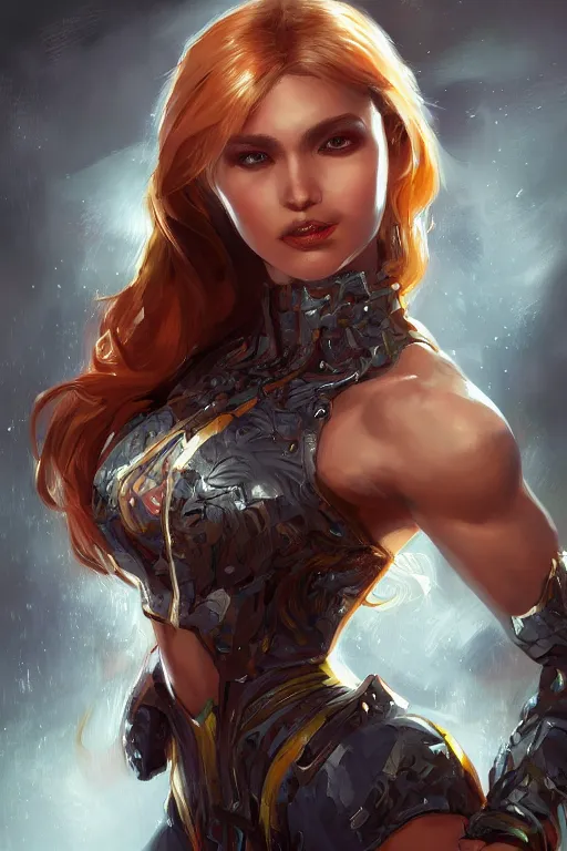 Image similar to three quarters portrait pose of a beautiful woman, strong body,super heroine costume,super powers, fantasy, intricate, elegant, highly detailed, digital painting, artstation, concept art,shining, sharp focus, illustration, art by Stanley Lau