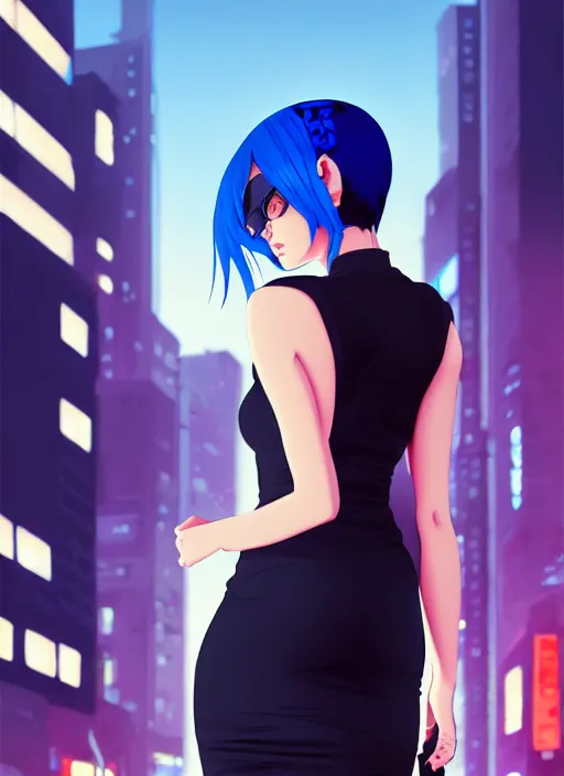 Image similar to hyper realistic photograph portrait of cyberpunk pretty girl with blue hair, wearing a tight black dress, in city street at night, by makoto shinkai, ilya kuvshinov, lois van baarle, rossdraws, basquiat