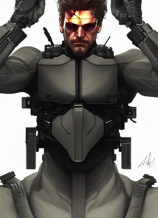 Image similar to symmetry!! portrait of solid snake, metal gear solid, tech wear, glowing lights!! intricate, elegant, highly detailed, digital painting, artstation, concept art, smooth, sharp focus, illustration, art by artgerm and greg rutkowski and alphonse mucha