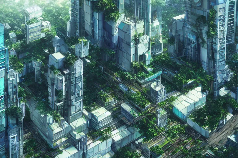 Image similar to futuristic city, lush vegetation, humid, early evening, diagonal view, geometric buildings, cloudy, beautiful, dull pastel colors, realistic, hyper detailed, octane render, trending on artstation by yoshitaka amano and makoto shinkai, studio ghibli style