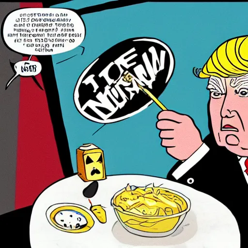 Image similar to close - up portrait of donald trump eating a nuclear bomb, by chris ware
