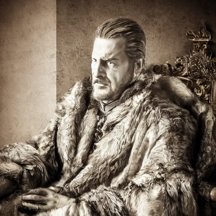 Prompt: professional photographic portrait of eddard stark as machiavelli in a venice bank, renaissance style, fine art piece, incredible detail, vray rendering, high octane,