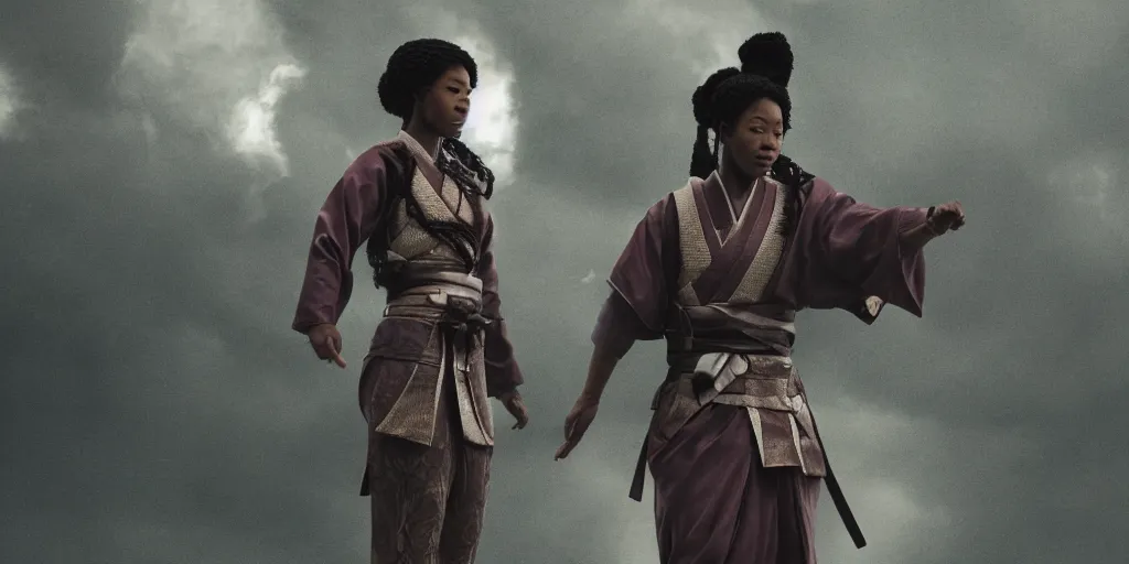 Image similar to a film still of a black woman starring in a japanese blockbuster film as ancient samurai, levitating mid air, intense, shallow depth of field, cinematic, award winning cgi, vfx, film still