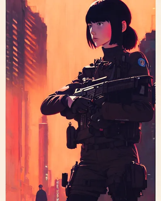 Image similar to girl wearing in tactical gear | | audrey plaza, fine detail!! anime!! realistic shaded lighting!! dramatic!! poster by ilya kuvshinov katsuhiro otomo ghost - in - the - shell, magali villeneuve, artgerm, jeremy lipkin and michael garmash and rob rey