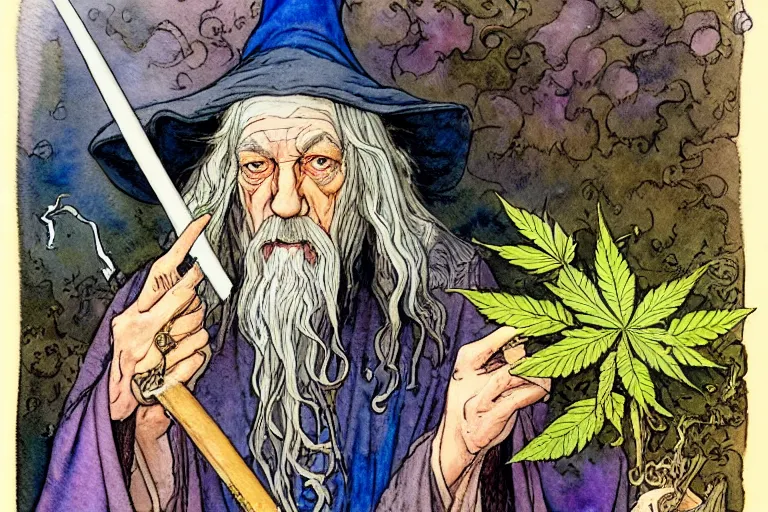 Image similar to a realistic and atmospheric watercolour fantasy character concept art portrait of gandalf with pink eyes lying on his back looking happy and confused and smoking weed out of his pipe with a pot leaf nearby, by rebecca guay, michael kaluta, charles vess and jean moebius giraud