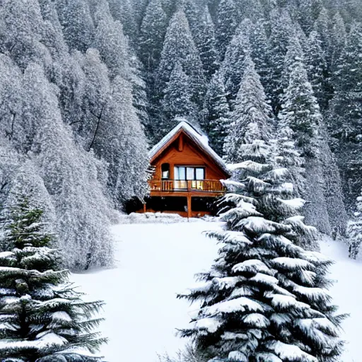 Prompt: winter cabin in the woods, snow falling, pine trees, photograph, f 8. 0 3 2 mm,