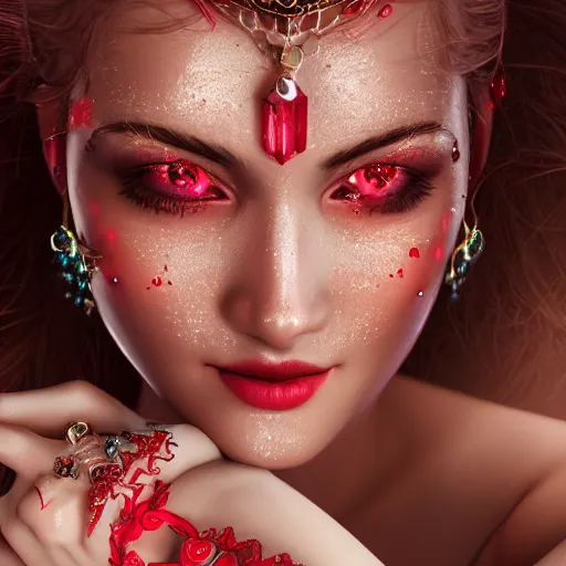 Image similar to wonderful princess with smooth fair skin, alluring eyes, red jewelry, breathtaking, elegant, intricate, hyper detailed, accent lighting, 4 k glamour photography, octane render