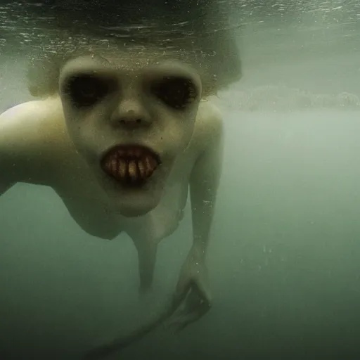 Prompt: sea monster about to eat pov underwater, visceral, unholy abomination, half submerged below eyes, pale skin, dark yellowish water, foggy water, misty, dark, dramatic,'silent hill ', big eyes, terrifying, horrific, cinematic