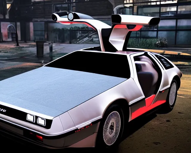 Image similar to updated sleek concept for a delorean, cinematic, photoreal, by red dead redemption 2