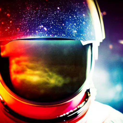 Prompt: close - up dark low exposure photograph portrait of an astronaut, dark visor, no face, helmet is reflecting a nebula, cinematic, dramatic, enhanced colors, studio lighting, high quality, hd, 8 k