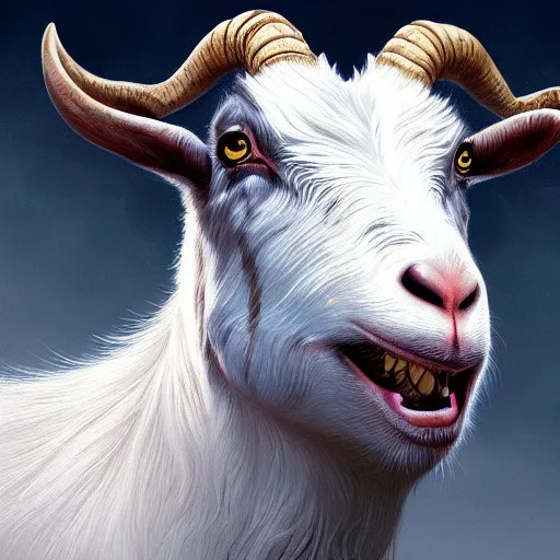 Prompt: hypnotic crazy goat with huge crazy eyes, fantasy, hyperrealistic, highly detailed digital illustration, greg rutkowski, artgerm, trending on artstation, 8 k