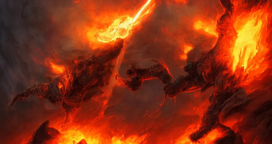 Image similar to balrog fighting link from the legend of zelda, lava, fire, flaming sword, intricate, detailed, volumetric lighting, scenery, hellscape, digital painting, highly detailed, artstation, sharp focus, illustration, concept art, ruan jia, steve mccurry