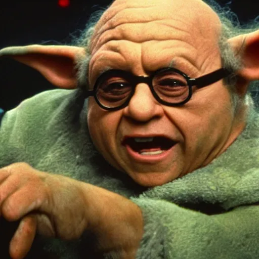 Image similar to danny devito plays yoda, scene from empire strikes back