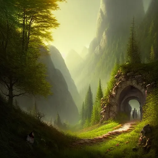 Prompt: beautiful matte painting by arthur gurin concept art of archway fantasy path into the mountainous sloping meadow and slightly forested background void of people, atmospheric lighting, painted, intricate, volumetric lighting, beautiful, rich deep colors masterpiece, sharp focus, ultra detailed by