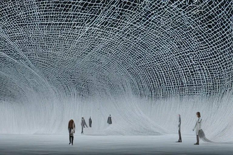 Prompt: tarkovsky stalker greatest scene, refik anadol led screen render, interior neo futuristic ultra white and clean mycelium architecture, stranded natural hemp ropes, biennale architecture installation, bioremediation, + unreal engine 5 + realistic render