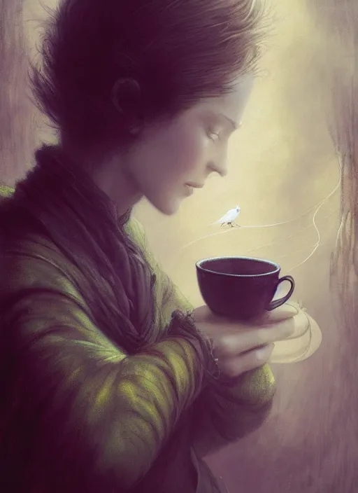 Image similar to a bird holds a cup of tea in its hands, hyperrealism, no blur, 4 k resolution, ultra detailed, style of tyler edlin, tom bagshaw, arthur rackham, ivan shishkin