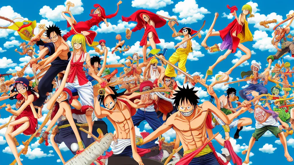 Image similar to onepiece in highly detailed manga spread combination of art styles depicting an impactful action scene on open meadow clear sky at noon with expert design fictional characters, dynamic art by sakimi, bright colors, moebius, makoto shinkai, murata, james jean, craig mullins, digital painting, masterpiece, best selling, pixiv, volumetric lighting, realistic shaded lighting, 8 k