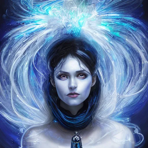 Image similar to masterpiece portrait of an aesthetic elegant mage woman, ice spell, 3 0 years old woman, black dynamic hair, wearing silver diadem with blue gems inlays, silver necklace, painting by joachim bergauer and magali villeneuve, atmospheric effects, chaotic blue sparks dynamics in the background, intricate, artstation, instagram, fantasy