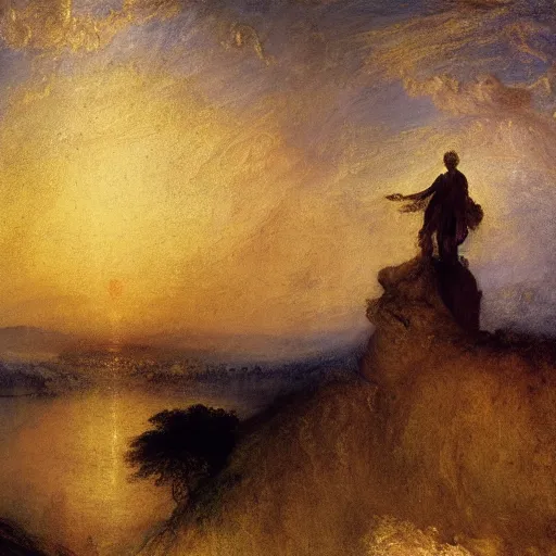 Prompt: a statue conducting sonnet manuscript above the golden clouds, detailed, by joseph mallord william turner