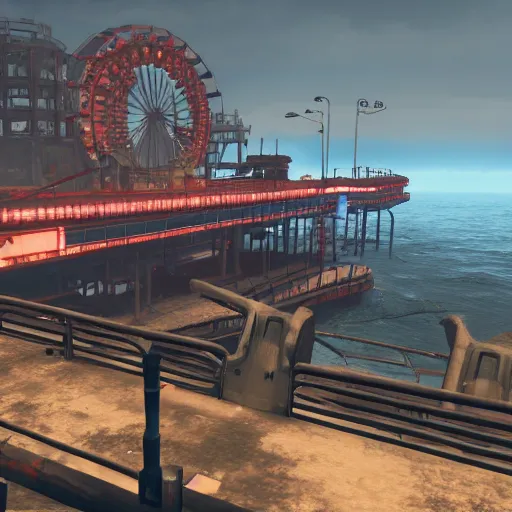 Image similar to Santa Monica Pier in ruins post-nuclear war in Fallout 4, in game screenshot