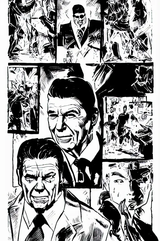 Image similar to ronald reagan, a page from cyberpunk 2 0 2 0, style of paolo parente, style of mike jackson, adam smasher, johnny silverhand, 1 9 9 0 s comic book style, white background, ink drawing, black and white, colouring pages