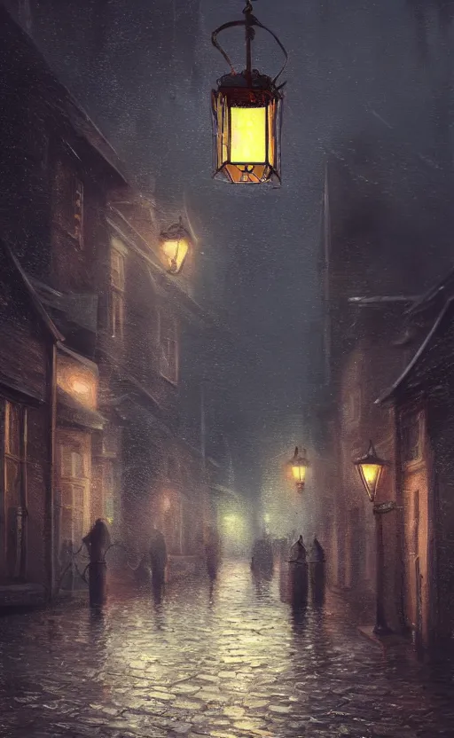 Prompt: a blurry ambient lantern in the distance of a rainy victorian village at night, dynamic lighting, ambient lighting, atmospherical, photorealistic fantasy concept art, trending on art station, stunning visuals, creative, cinematic, ultra detailed