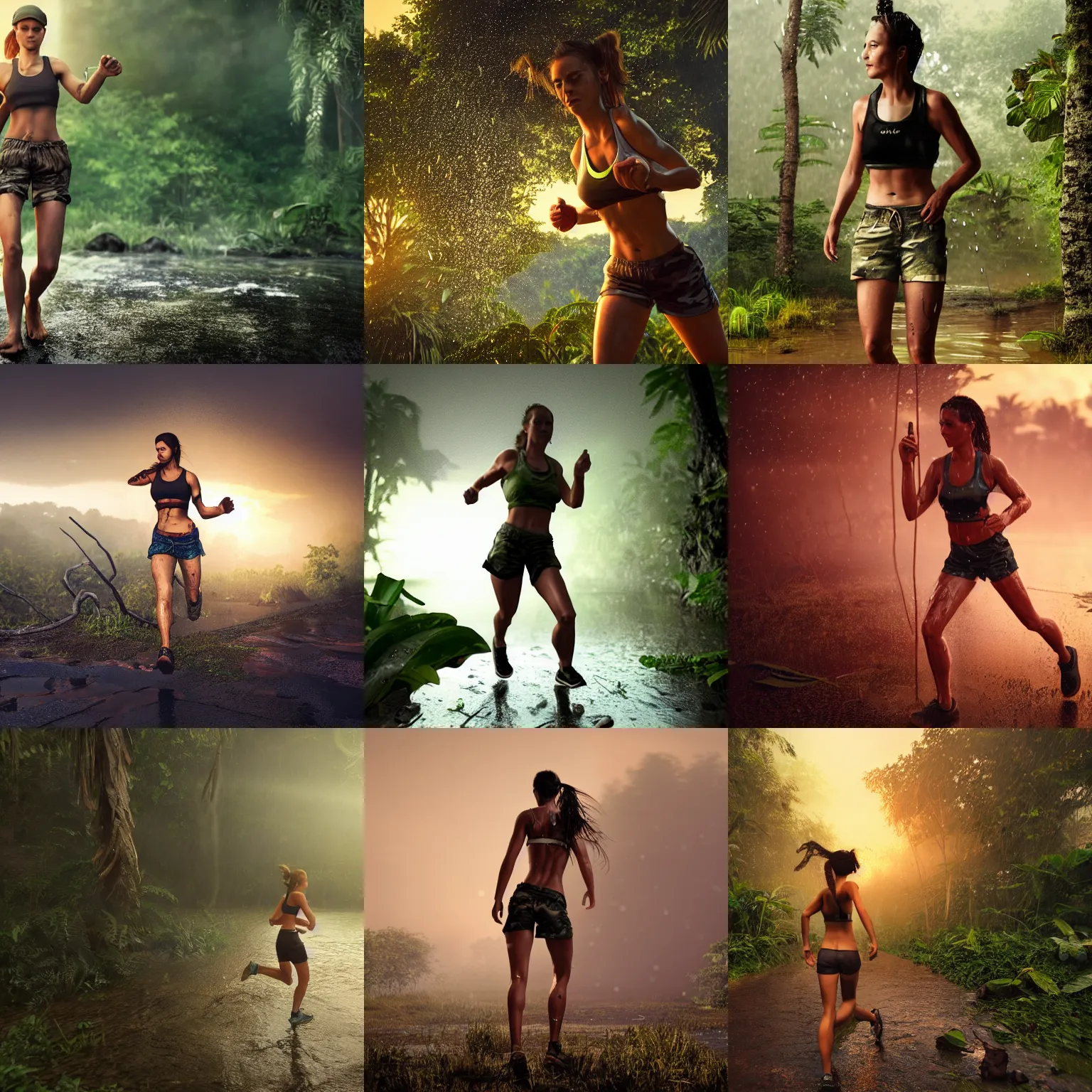 Prompt: adventure girl runs in jungle rain, soaking wet, wet white tee tied in knot, torn camo shorts, short dark hair, sweaty abs, sunset, realistic, unreal engine render, atmospheric haze, golden hour