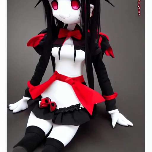 Prompt: cute fumo plush of a gothic maiden in a dark black uniform with a red cape, laces and ribbons, cel shading, anime girl, vray, symmetry