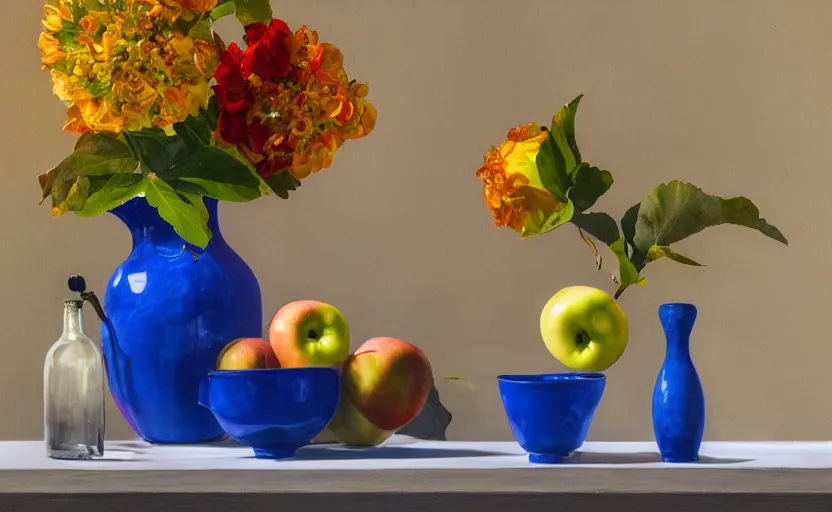 Image similar to Realistic still lifes photo studio, porcelain vase, apple, blue flowers, bottle of wine, skull, copper cup, golden hour 8k,High definition, ultra detailed